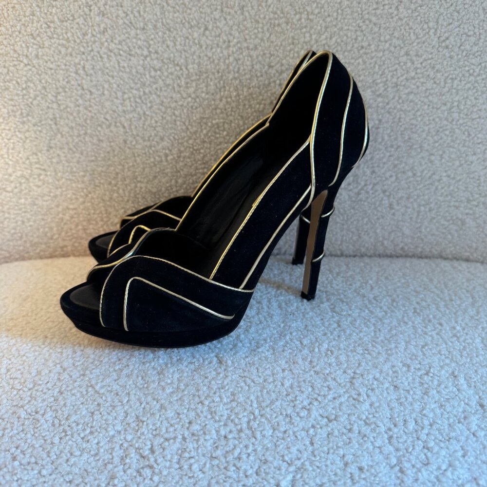 BCBG Black Velvet 4.5” Heel with Gold Accents - Size: 7